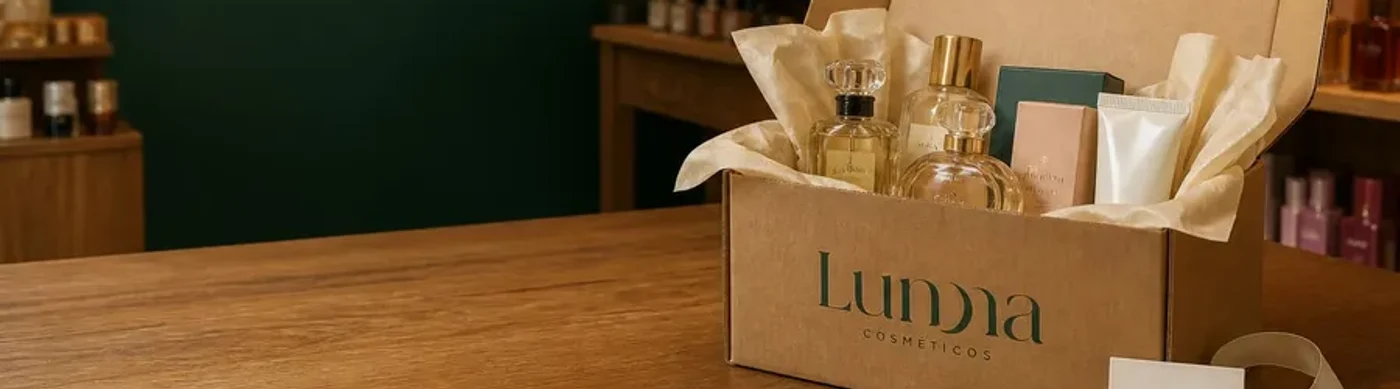 Caixa da Oud Royal Perfumes embalada com perfumes e um creme, sobre o balcão da loja